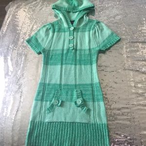 Teal/green button up sweater dress with hood
